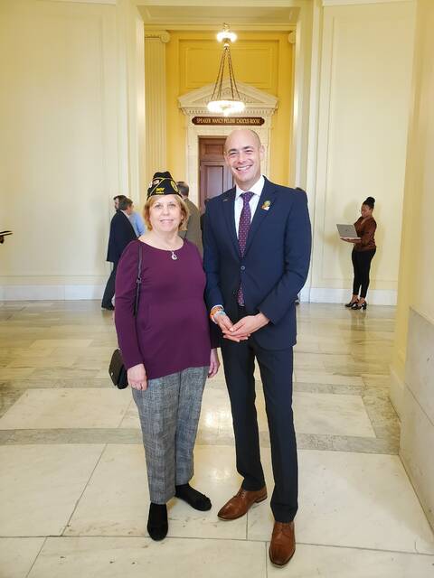 129449106_web1_20230228_152841
Disabled American Veterans Auxiliary (DAVA) Unit #63 Commander Shirley Plahovinsak (left), a constituent of Congressman Greg Landsman (right), meets with the Representative at the Rotunda of the United States Capitol during the 2023 DAV Annual Mid-Winter Conference. Commander Plahovinsak had just briefed the Congressman on the DAVs Critical Legislative Issues, focusing on ensuring equity in VAs care, benefits, and health outcomes for women veterans of all eras. In his capacity on the House Veterans Affairs Committee, he can play a pivotal role in requiring the VA to provide womens gender-specific services which are essential for women veterans, stated the Unit #63 Commander. Photograph provided by DAVA Unit #63, Batavia.