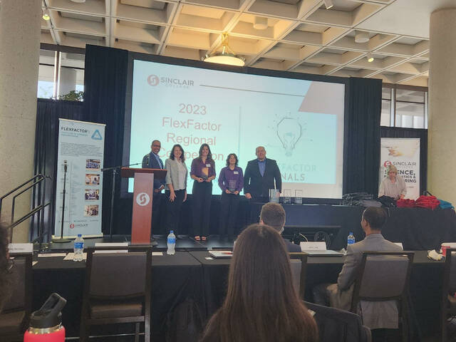 Pictured, Madeline Lengyel and Hailey Mulvihill won first place at Sinclair Colleges FlexFactor Regional Competition. Photo courtesy Goshen Local Schools.