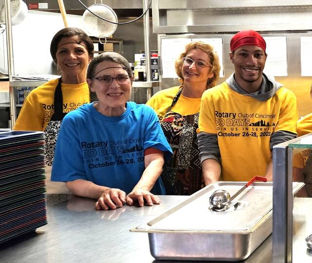 130160804_web1_1-Kitchen---Cindy-Jansen-Barbara-Dickerson-Linda-Muth-Solomon-Davis
Cindy Jansen of Western Hills, Barbara Dickerson of Oakley, Linda Muth of Union Township and co-chair of Rotary Do Days, and Solomon Davis of Clifton were part of the Rotary Do Days volunteer kitchen staff at Shelterhouse Cincinnati for women in Mt. Auburn. Photo courtesy Rotary Club of Cincinnati.