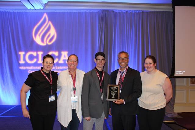 131044290_web1_ICLCA-2
The UC Clermont Learning Commons team receives the Frank L. Christ Outstanding Learning Center Award for two-year colleges at the International College Learning Center Association conference Sept. 25 in Salt Lake City, Utah<em>. From left</em>: Cheyenne Riley, Julie Eagen, Don Peteroy, Valentine Johns and Bethany Brown. <em>Not pictured:</em> Susan Riley. Photo courtesy ICLCA.