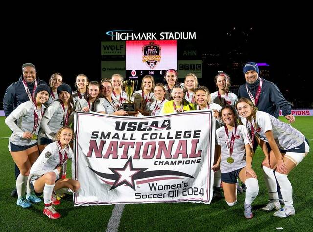 131086878_web1_UCC-women-soccer-champs-24
Pictured, UC Clermont womens soccer team celebrates their 2024 national championship win in Pittsburgh, Penn., Sunday, Nov. 17, 2024. Photo courtesy USCAA.
