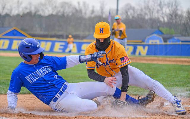131439553_web1_Williamsburg-at-CNE-Baseball
Clermont Northeastern pitcher Brady Schmidt, right, tags Williamsburgs Caleb Pauley out at home plate to conclude the top of the fourth inning in a National Division Southern Buckeye Athletic and Academic baseball game April 11, 2025, at Clermont Northeastern High School in Owensville.
Photo by Sun Sports Reporter Jake Dowling