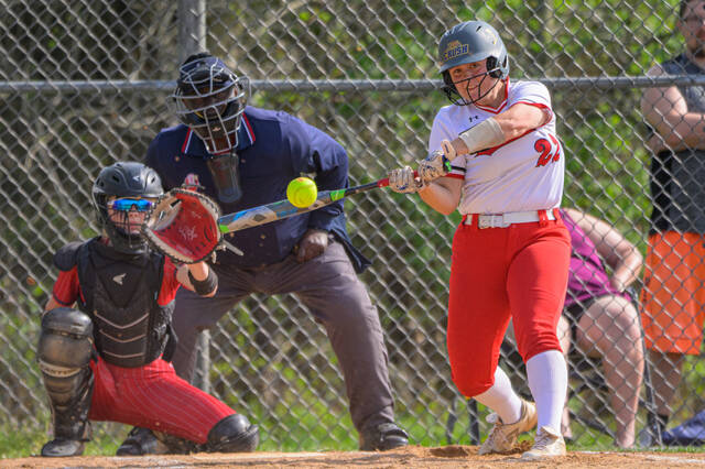 131465211_web1_New-Richmond-at-Goshen-Softball-2
New Richmonds Rae Hartigan makes contact with a pitch thrown by Goshens Skye Shaw during the first inning of an American Division game April 23, 2025, at Goshen High School.
Photo by Sun Sports Reporter Jake Dowling