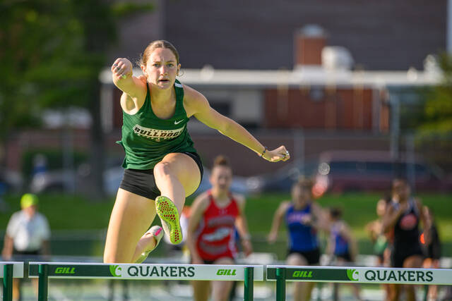 131523613_web1_SBAAC-Track-and-Field-Meet-Day-2-3 Batavias Riley Van Frank competes in the 300-meter hurdles during the Southern Buckeye Athletic and Academic Conference Track and Field Championship Meet on May 14, 2025, at Wilmington College in Wilmington. Van Frank broke a school record with her winning time of 46.44 seconds. Photo by Sun Sports Reporter Jake Dowling