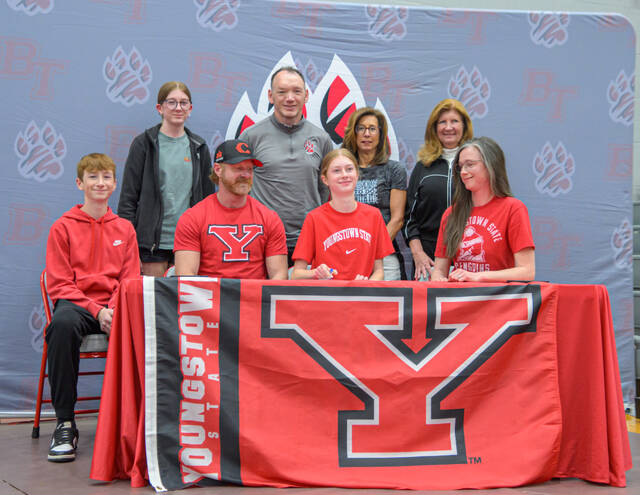 131532186_web1_B-T-College-Signings-2
Bethel-Tate senior Brady Sterbling, seated, center, signed her national letter of intent to run with Youngstown State University on May 7, 2025, surrounded by family at Bethel-Tate High School.
Photo by Sun Sports Reporter Jake Dowling