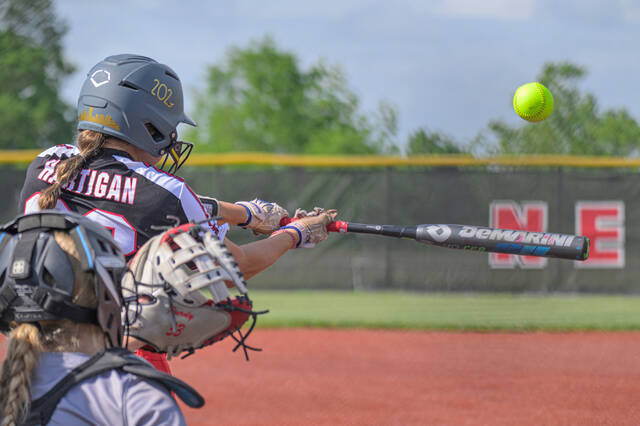131539782_web1_Goshen-at-New-Richmond-Softball-2
New Richmonds Isabelle Rae Hartigan makes contact with a pitch thrown by Goshen starting pitcher Skye Shaw in the bottom of the first inning of a Division III Southwest 1 District semifinal game May 20, 2025, at New Richmond High School. Hartigans hit was a go-ahead two-run home run.
Photo by Sun Sports Reporter Jake Dowling