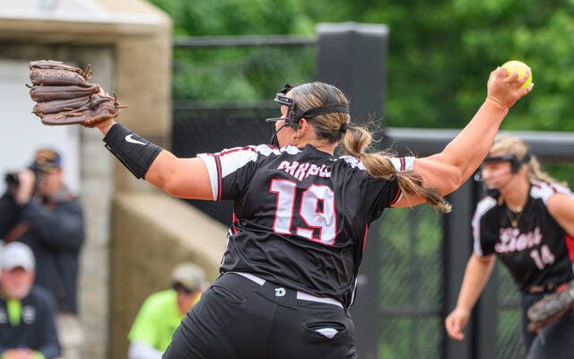 131548639_web1_New-Richmond-vs.-Greenville-Softball-2
New Richmond starting pitcher Izzie Carroll winds up to deliver a pitch to home plate during a Division III, Region 9 semifinal game May 28, 2025, against Greenville at the Miami Softball Stadium at Miami University in Oxford.
Photo by Sun Sports Reporter Jake Dowling