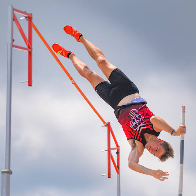 131570119_web1_State-Track-and-Field New Richmonds Grant Harrison clears the bar at 16 feet, 7 inches to set a new Ohio High School Athletic Association State Meet Division II record on May 6, 2025, at Jesse Owens Memorial Stadium in Columbus. Harrison won his second straight outdoor state track and field title in the pole vault. Photo by Sun Sports Reporter Jake Dowling