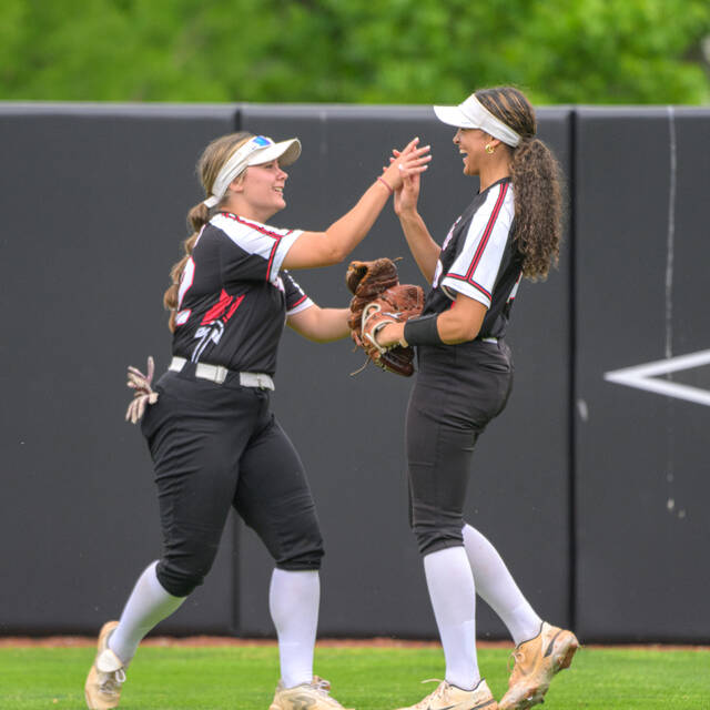 131572615_web1_Richmond-Softball
New Richmonds Rae Hartigan, left, high-fives Piper Willis after Willis made a catch in center field during a Division III, Region 9 semifinal softball game May 28, 2025, against Greenville at Miami University in Oxford.
File photo by Sun Sports Reporter Jake Dowling