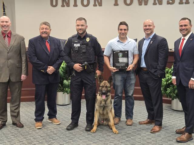 131589982_web1_20250610_181540
Pictured are Union Township trustees and leaders along with Officer Andrew Gosink, third from left, K9 Gunnar, and Purina Factory Manager Mike Ferrito, fourth person from left.