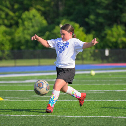 Macy Breeze prepares to kick the ball during a session June 24, 2025, at the Williamsburg Soccer Camp at Ken Osborne Field at Abrams Stadium in Williamsburg.
Photo by Sun Sports Reporter Jake Dowling