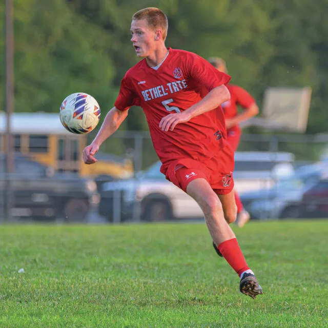 Bethel-Tates Landon Swaynie races down the field during the first half of a National Division match Sept. 17, 2026, against Blanchester at Bethel-Tate High School.
                                 Jake Dowling/The Clermont Sun