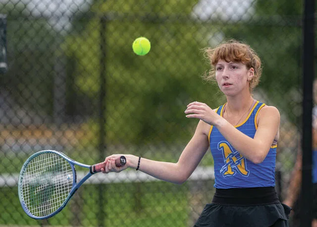 Clermont Northeasterns Annalee Woyak looks to return the ball during a third singles match Sept. 24, 2026, at the Southern Buckeye Athletic and Academic Conference National Division tournament at Wilmington High School. Jake Dowling/The Clermont Sun